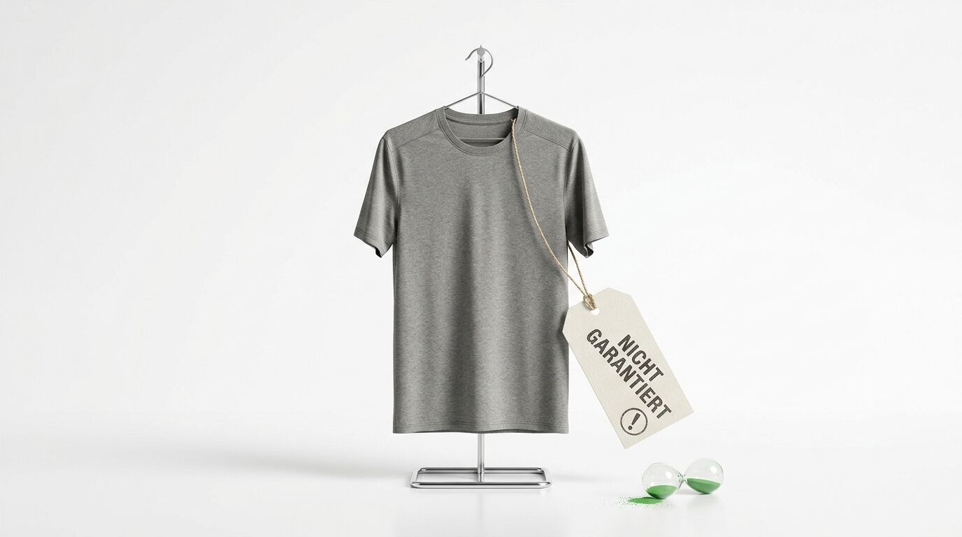Graues T-Shirt am Bügel mit Anhänger „NICHT GARANTIERT“ und kaputter Sanduhr davor