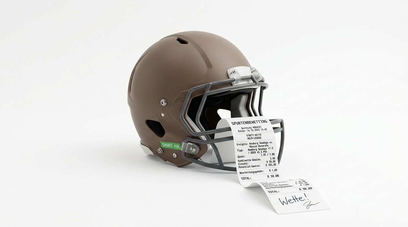 Ein brauner American Football-Helm mit einem grauen Gittergesichtsschutz und einem Quittungsstreifen, der aus der Vorderseite herausragt