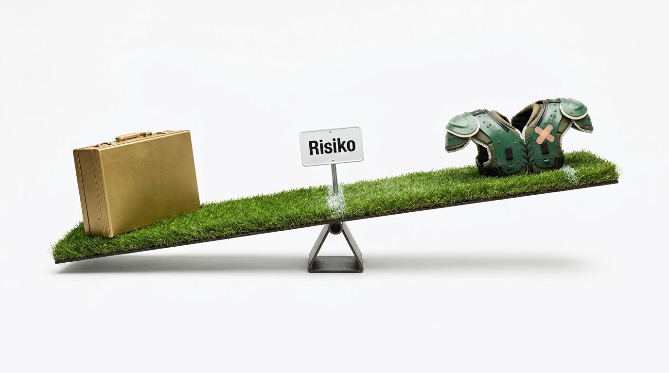 Wippe mit Goldkoffer und American-Football-Schulterschutz. Schild „Risiko“