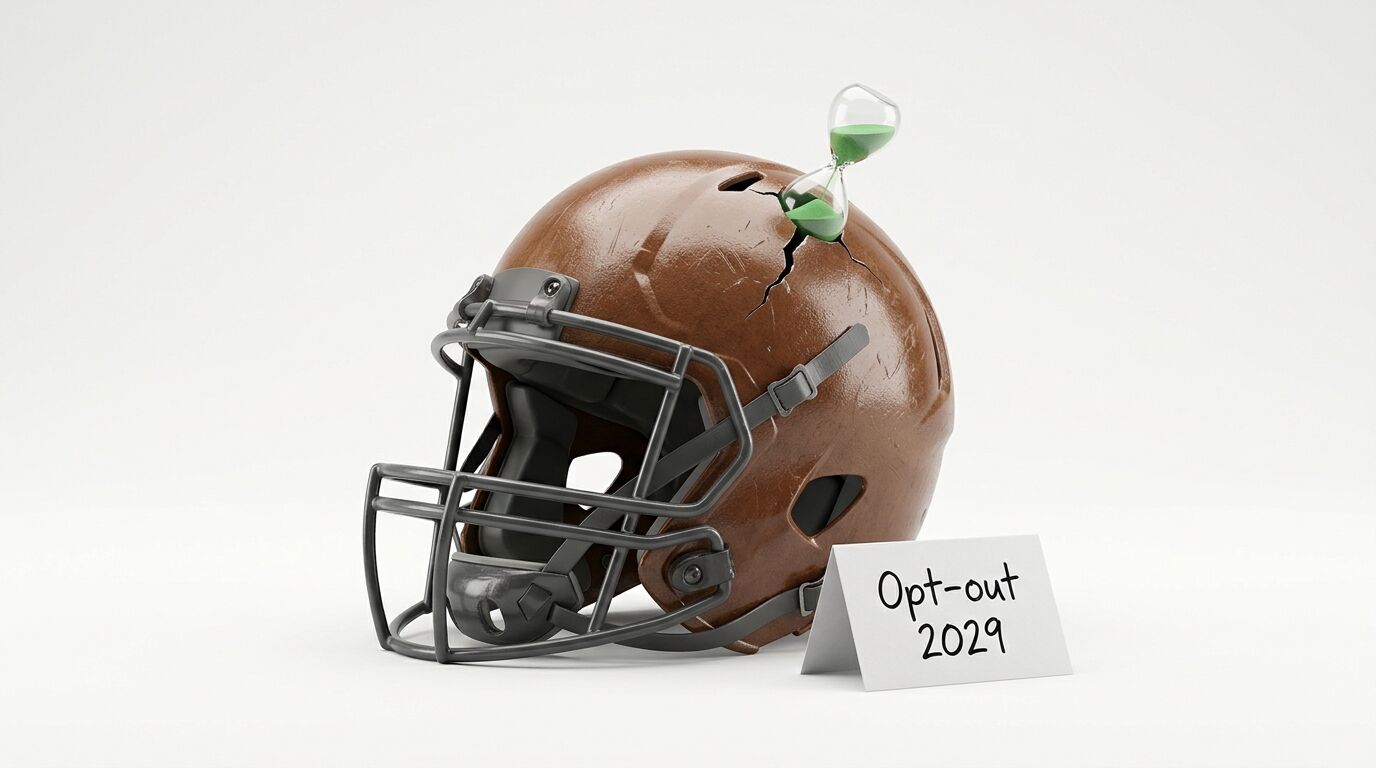 Kaputter American-Football-Helm mit Sanduhr, daneben Schild: „Opt-out 2029“