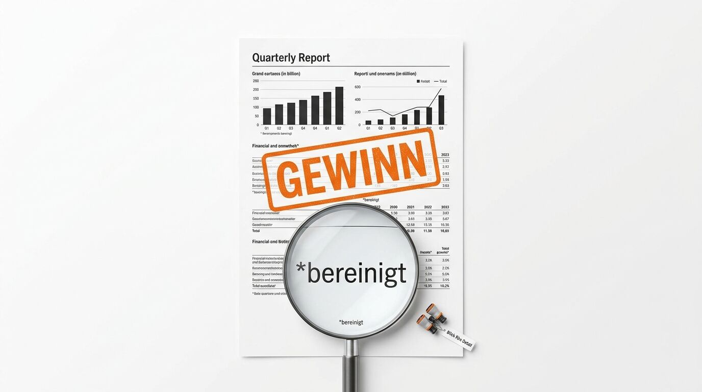 Finanzbericht mit „GEWINN“-Aufkleber und Lupe über „*bereinigt“