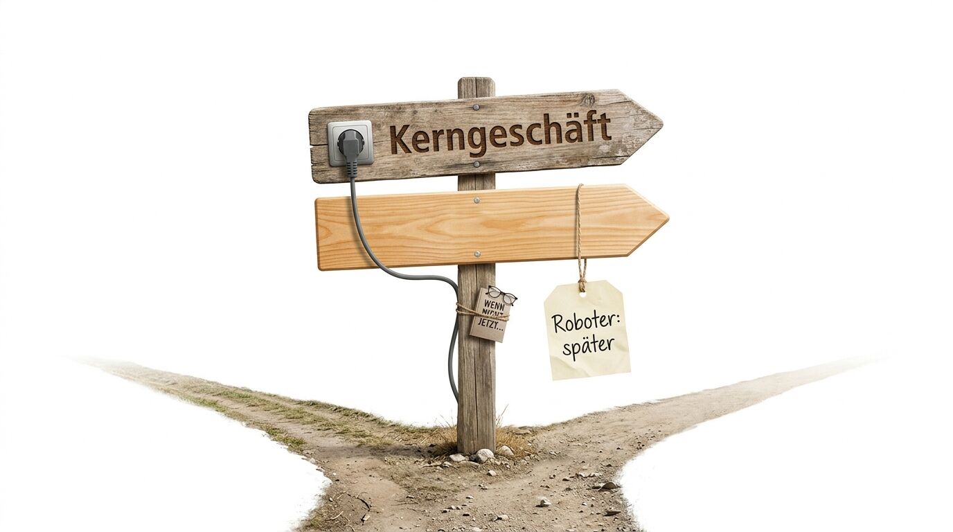 Holzwegweiser mit zwei Pfeilen „Kerngeschäft“ (mit Steckdose/Kabel) und einem Schild „Roboter: später“