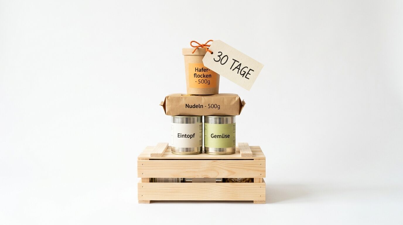 Notvorrat-Paket in Holzkiste mit Aufschrift „30 Tage“