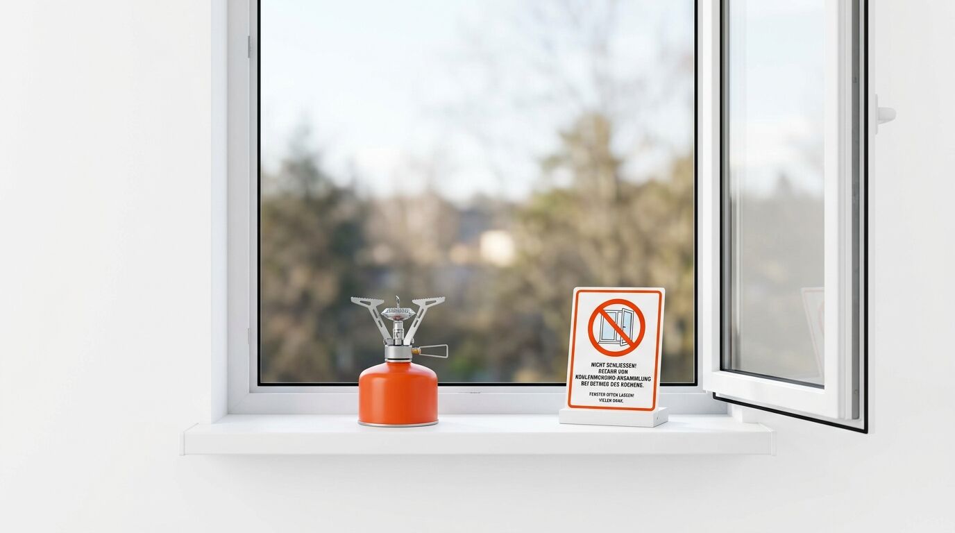 Auf einem Fensterbrett stehen ein Campingkocher und ein Schild mit Warnhinweis