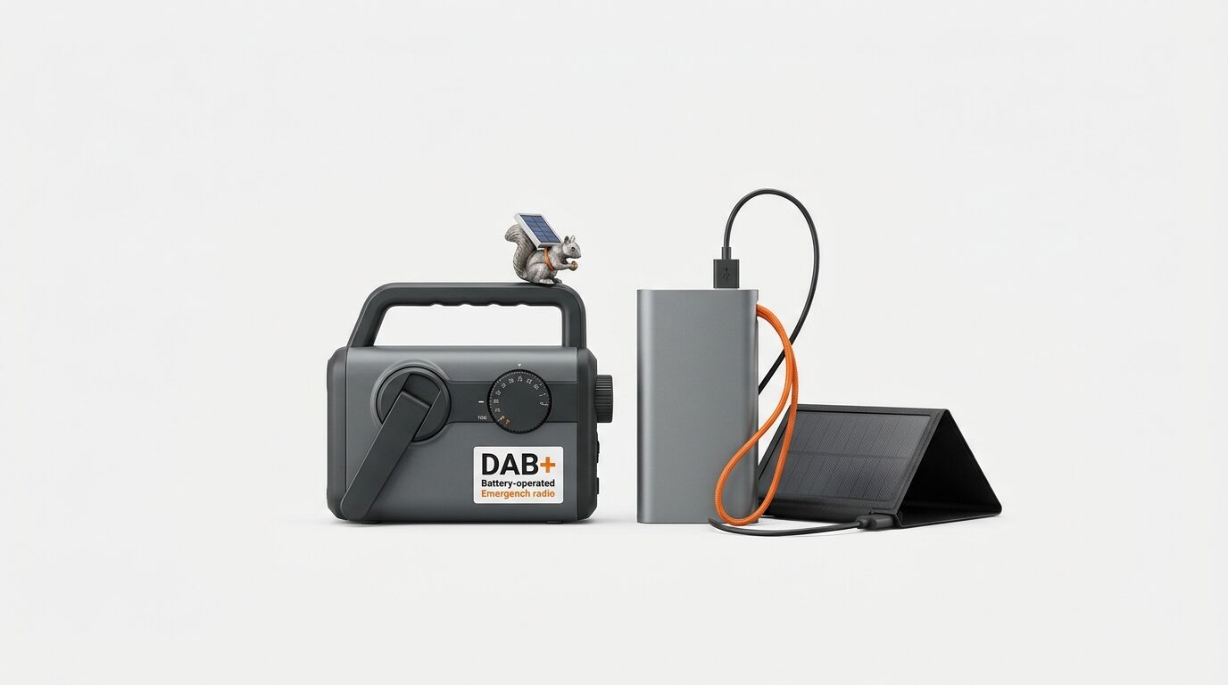 DAB-Radio, Eichhörnchen, Powerbank, Solarpanel auf weißem Grund
