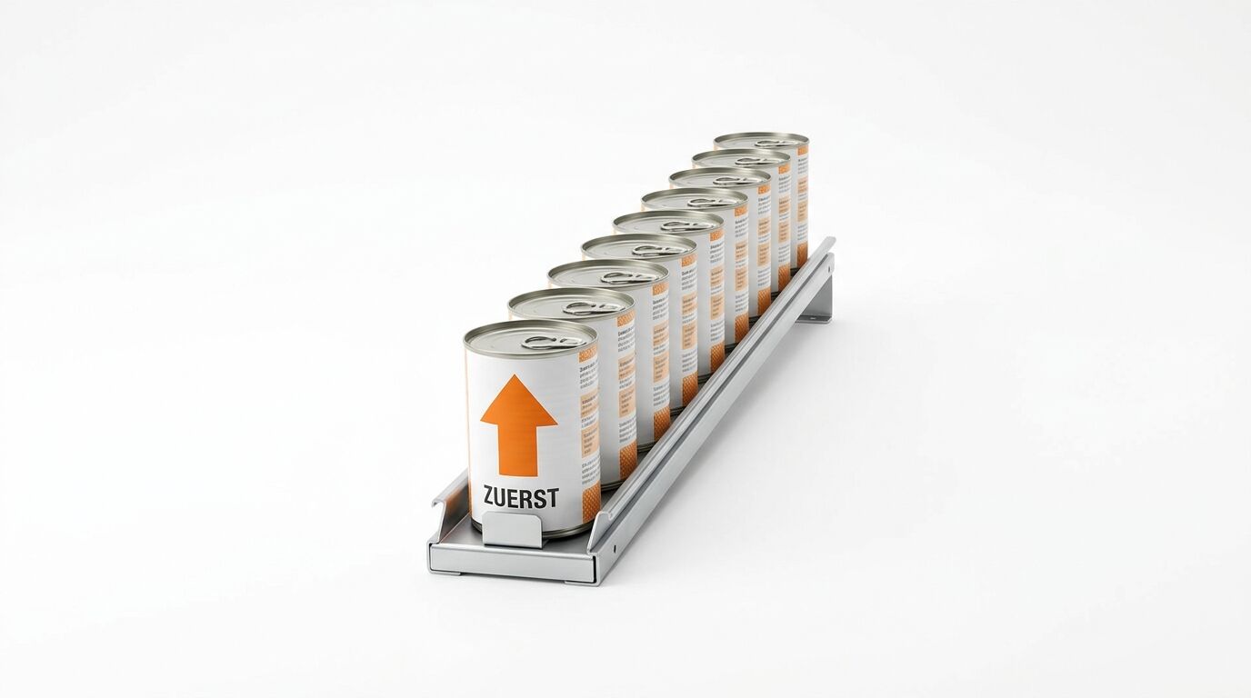 Neun Dosen in einer Metallhalterung auf weißem Grund. Die vorderste Dose trägt den Text