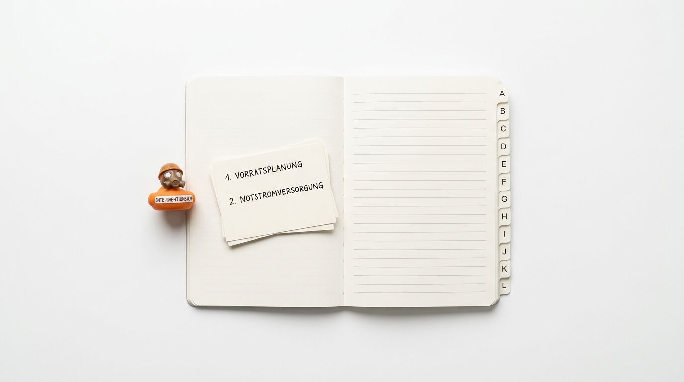 Aufgeschlagenes Notizbuch, Karteikarten mit Aufschrift und Spielfigur mit Gasmaske