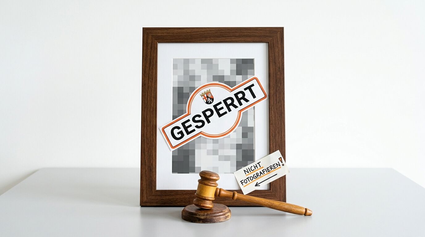 Ein Bildrahmen mit verpixeltem Inhalt, überklebt mit einem „GESPERRT“-Schild und davor ein Richterhammer