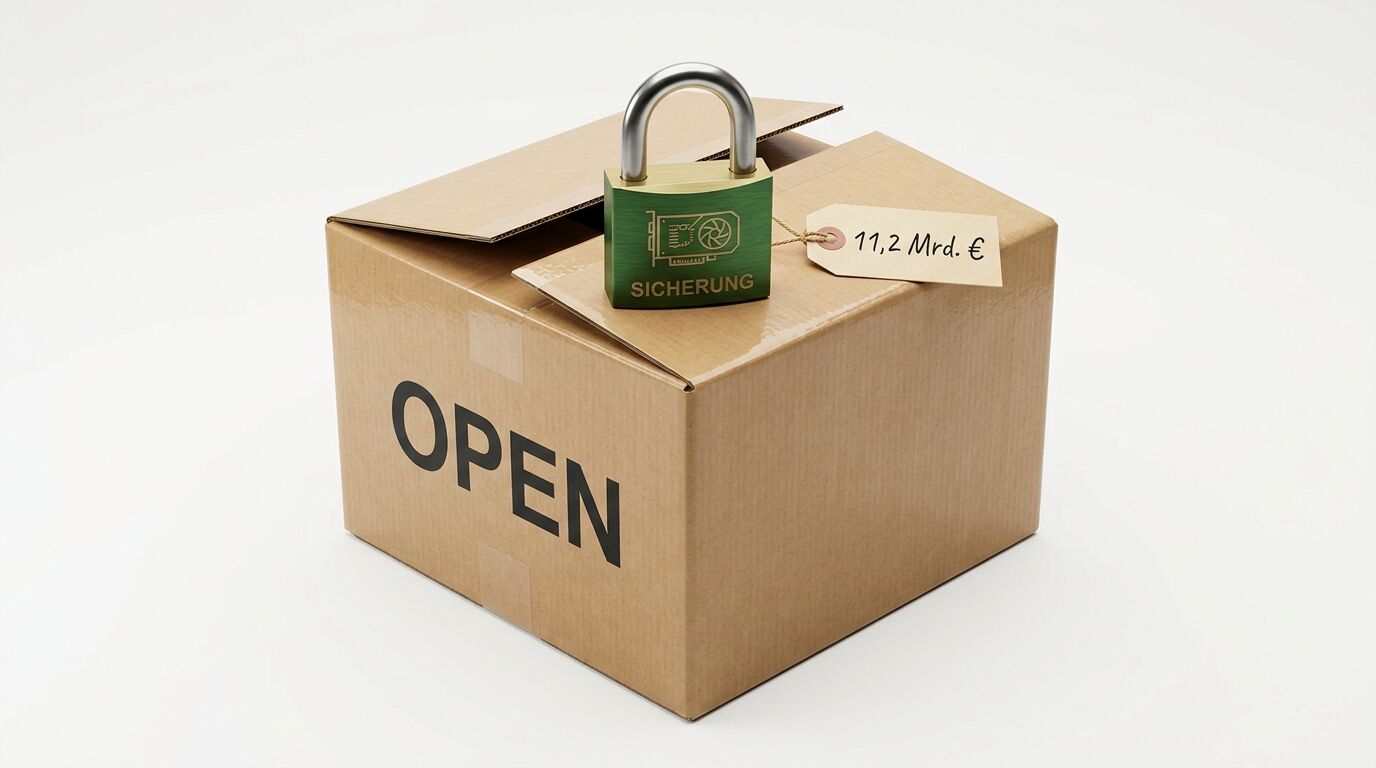 Karton „OPEN“, grünes Schloss „SICHERUNG“, Preisanhänger „11,2 Mrd. €“ auf hellem Grund