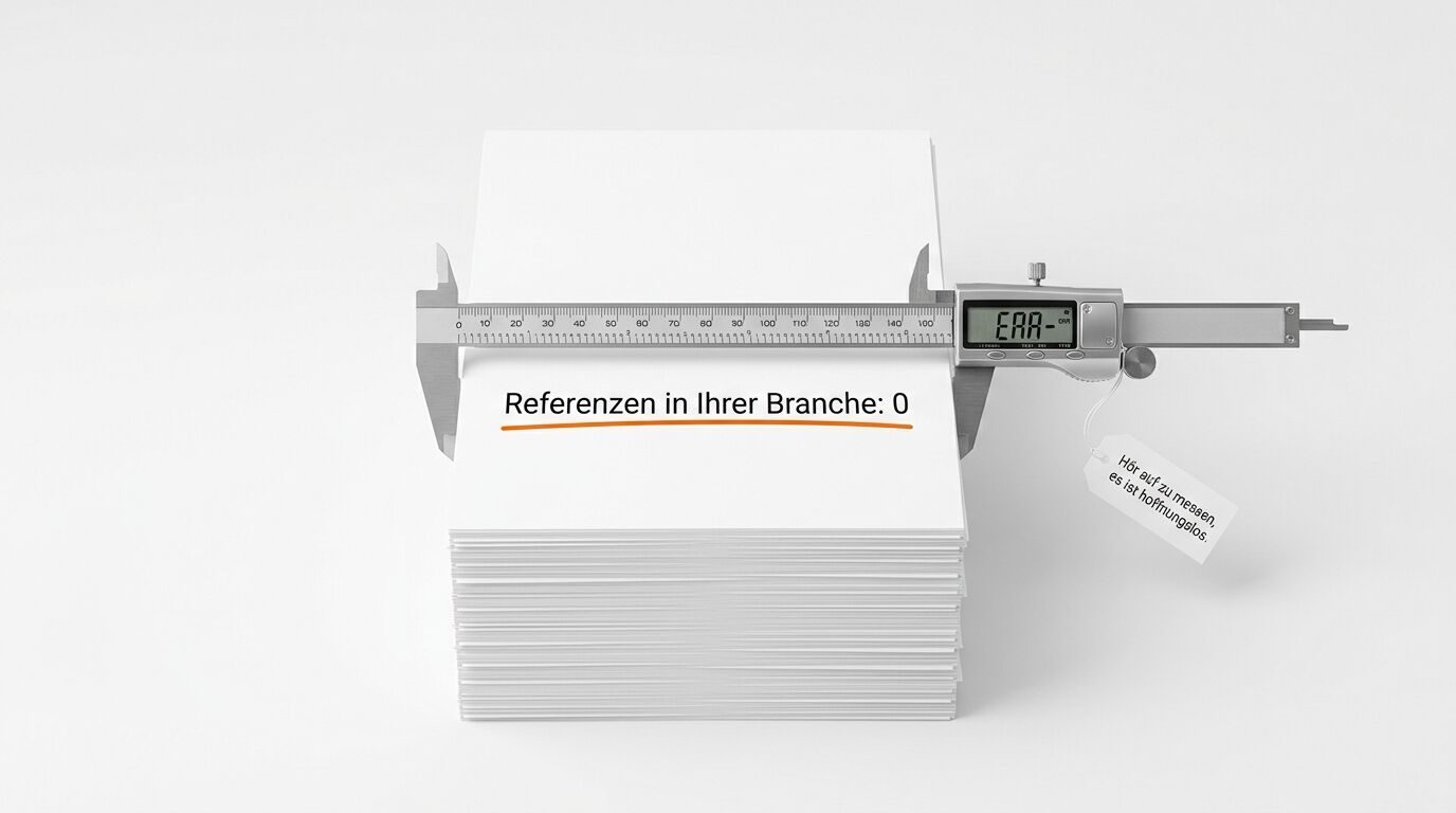 Digitale Schieblehre misst einen Stapel weißer Papierblätter. Display zeigt "ERR". Text: "Referenzen in Ihrer Branche: 0"