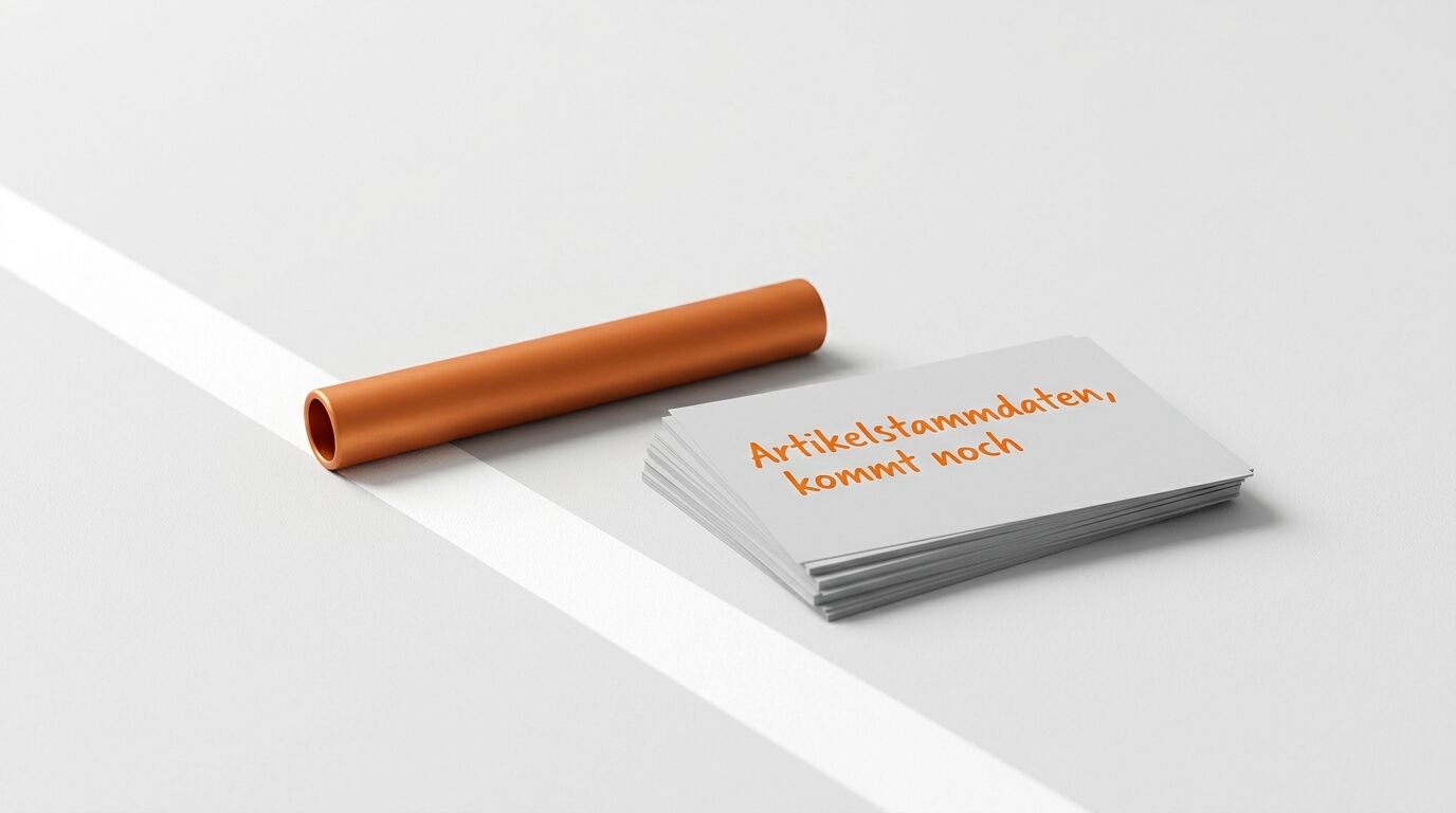 Ein orange Rohr und ein Kartenstapel mit der Aufschrift "Artikelstammdaten kommt noch" auf weißem Untergrund