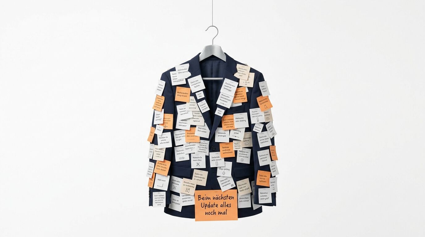 Ein dunkler Blazer mit zahlreichen Post-it-Notizen in Weiß und Orange, hängend an einem silbernen Kleiderbügel vor hellem Hintergrund