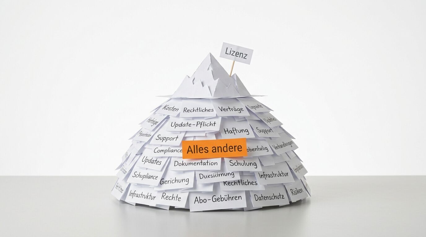 Pyramidenförmiges Diagramm mit "Lizenz" an der Spitze und "Alles andere" hervorgehoben in orange, umgeben von verschiedenen deutschen Begriffen wie Support, Compliance und Dokumentation