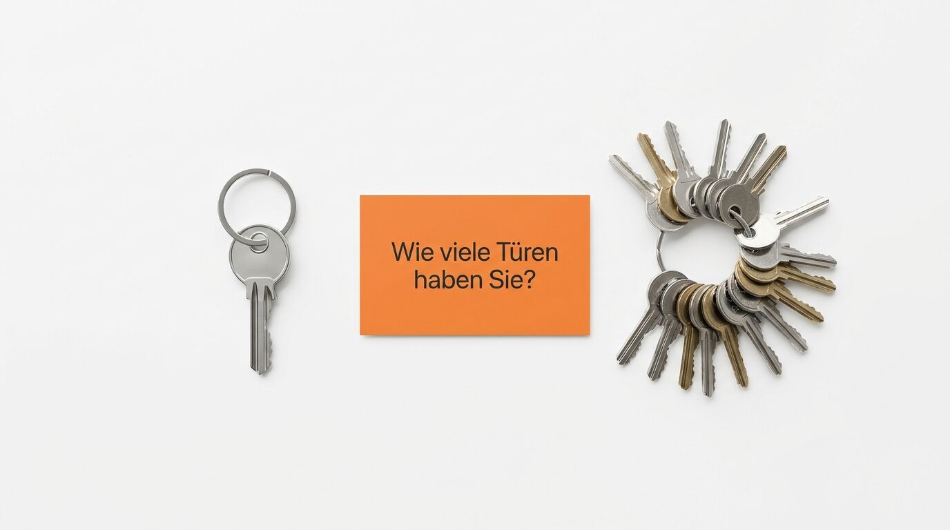 Ein Schlüsselbund mit einer Taste links, ein oranges Schild mit der Frage "Wie viele Türen haben Sie?" in der Mitte und viele Schlüssel rechts auf weißem Hintergrund