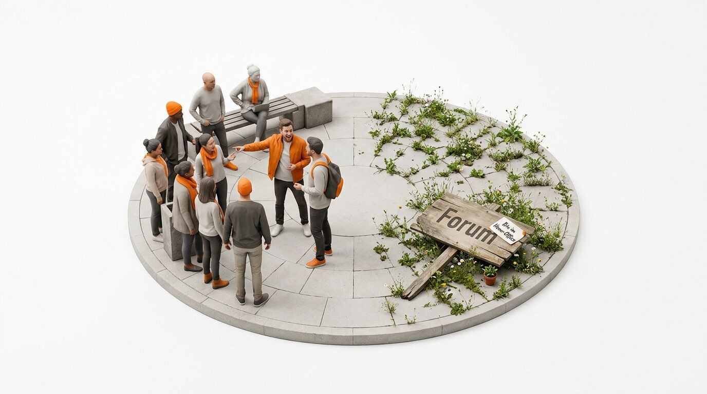 Miniaturmodell mit Menschengruppe, Bank, verwildertem Bereich und Holzschild „Forum“