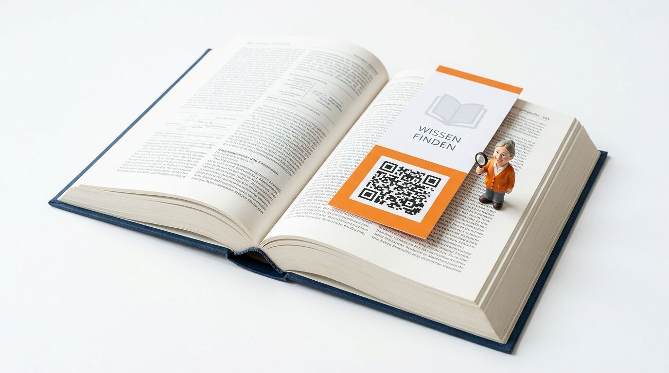 Offenes Buch, QR-Code auf Lesezeichen und Figur davor