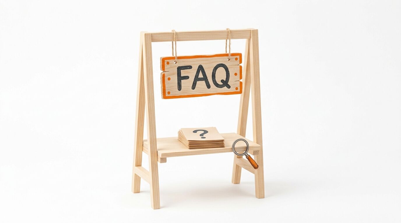 FAQ-Schild, Fragezeichen-Karten und Lupe auf Holzständer