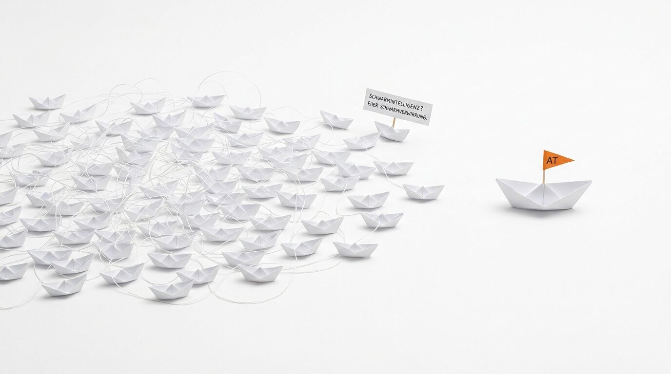 Viele Papierboote verheddert, ein einzelnes Papierboot mit „AT“-Fahne und Textfahne daneben