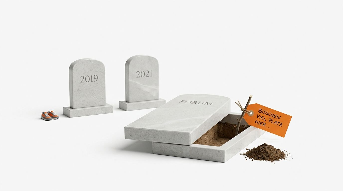 Grabsteine 2019, 2021 und ein leeres Marmorgrab mit 'Forum' sowie einem Tag in einem weißen Raum