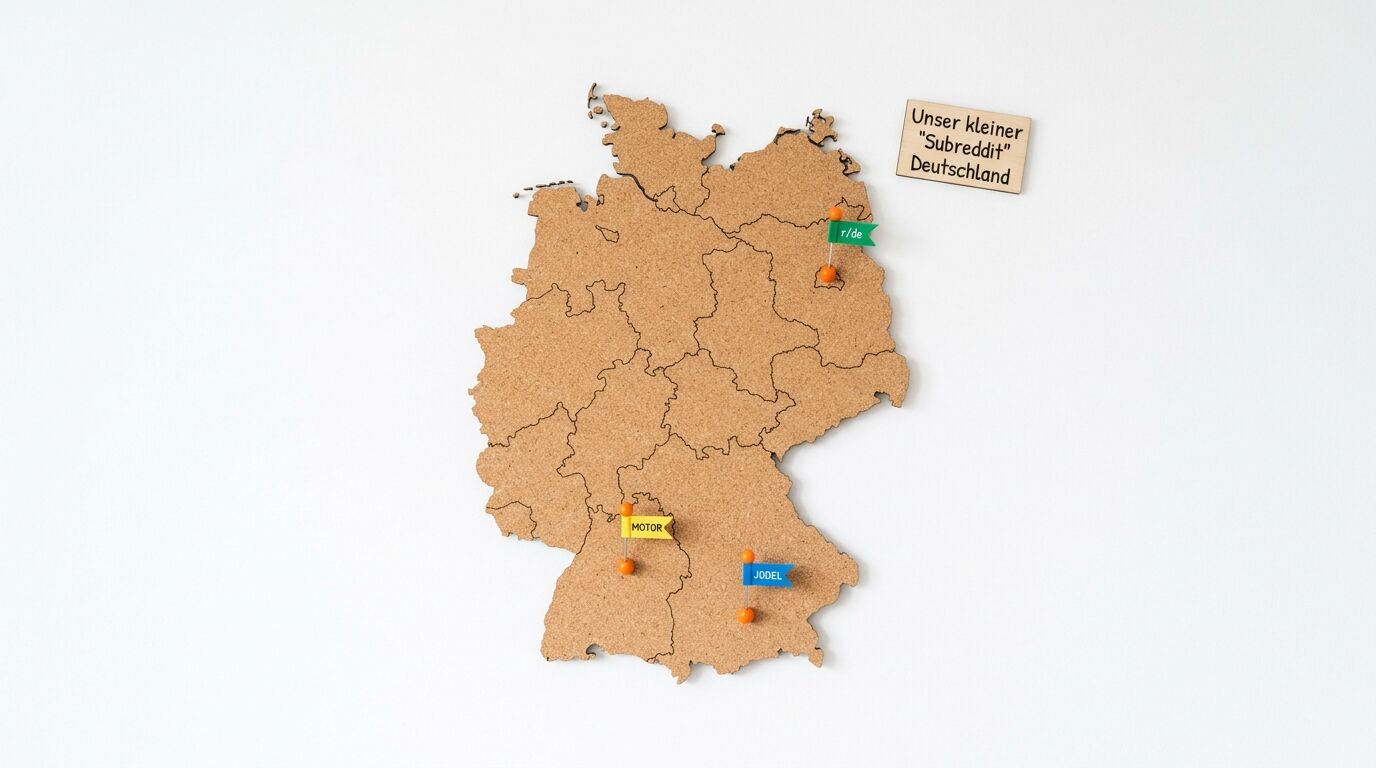 Korkpinnwand in Form der Deutschlandkarte mit Fähnchen-Markierungen und Texttafel