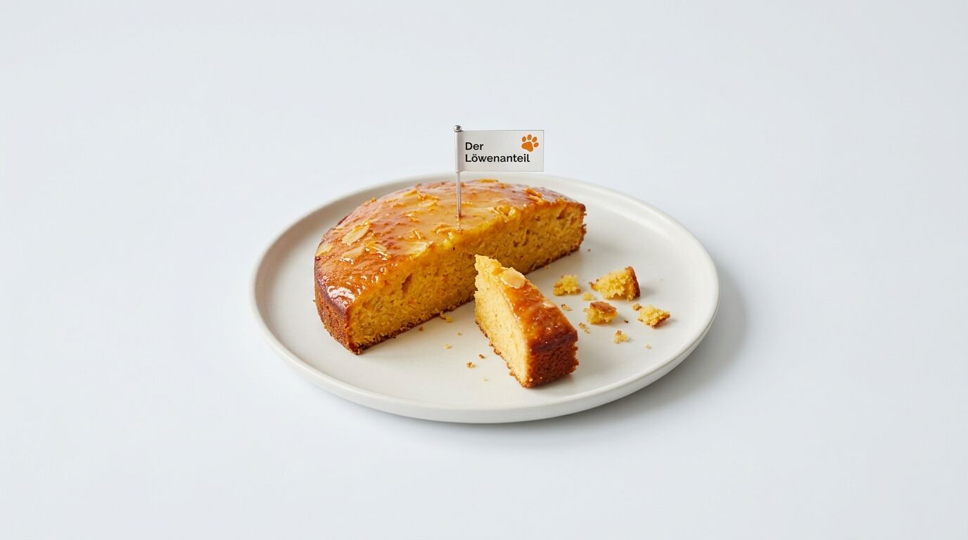Ein kleiner Kuchen mit Mandelblättchen, einem kleinen „Löwenanteil“-Fähnchen und Krümeln auf einem weißen Teller