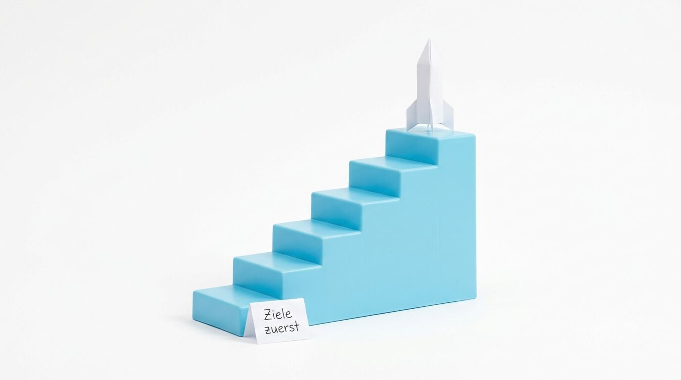 Blaue Treppe mit Rakete oben, beschriftet "Ziele zuerst" auf weißem Hintergrund
