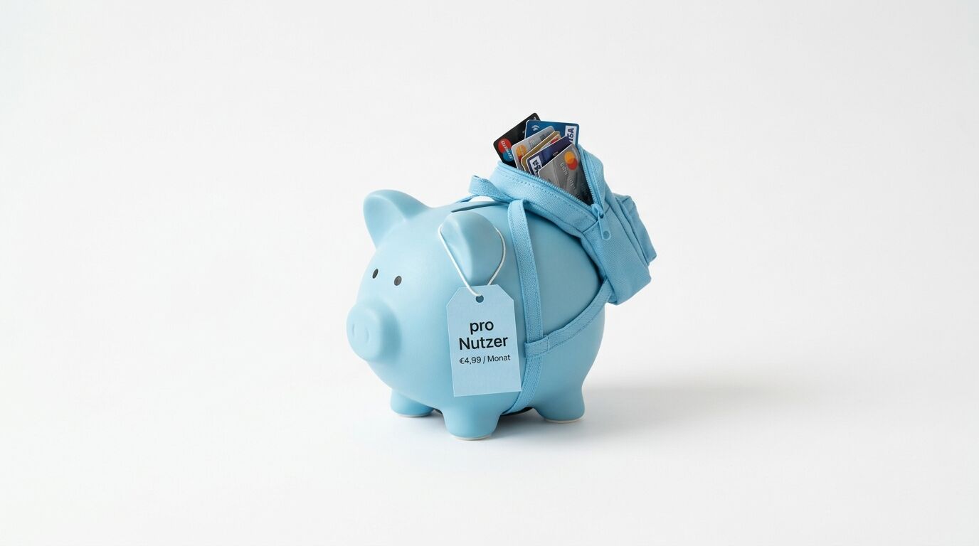 Ein hellblau bemaltes Sparschwein mit Rucksack und Kreditkarten, Preis €4,99/Monat