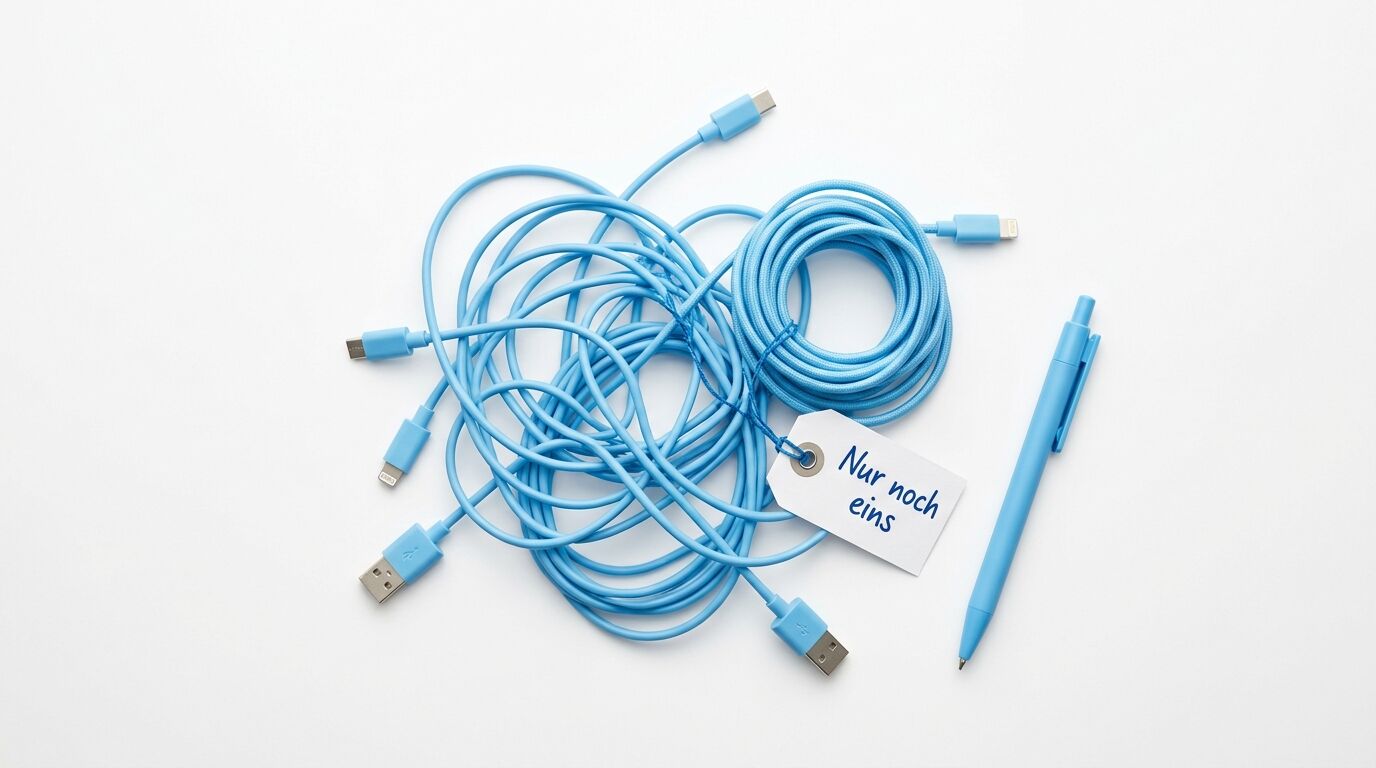 Mehrere blaue Ladekabel und USB-Kabel mit einem Etikett "Nur noch eins" und einen blauen Stift auf weißem Hintergrund