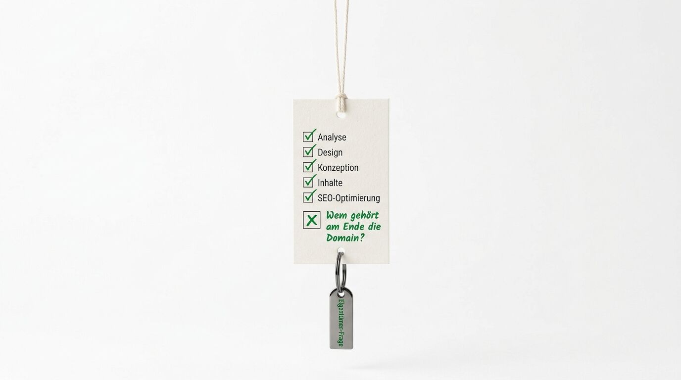 Anhänger mit Checkliste: fünf grüne Häkchen für Analyse, Design, Konzeption, Inhalte und SEO-Optimierung. Ein rotes X bei der Frage "Wem gehört am Ende die Domain?"