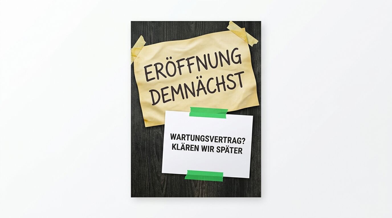 Zwei übereinander geklebte Notizzettel auf dunklem Holzuntergrund. Oberer gelber Zettel: "ERÖFFNUNG DEMNÄCHST". Unterer weißer Zettel: "WARTUNGSVERTRAG? KLÄREN WIR SPÄTER"