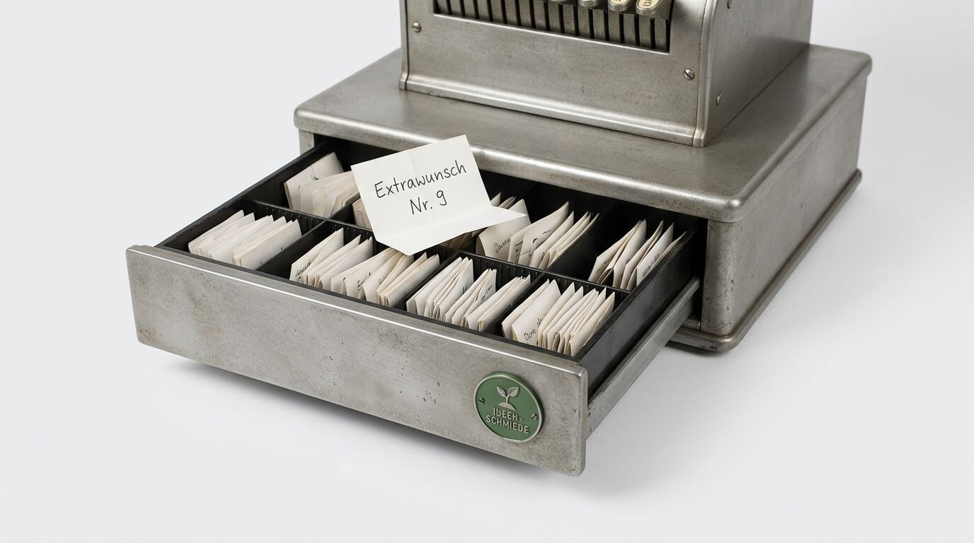 Metallische Karteikartenkassette mit offener Schublade. Darin alphabetisch sortierte Karteikarten und eine Beschriftung "Extrawunsch Nr. 3". Hersteller: Jürgen Schmiede