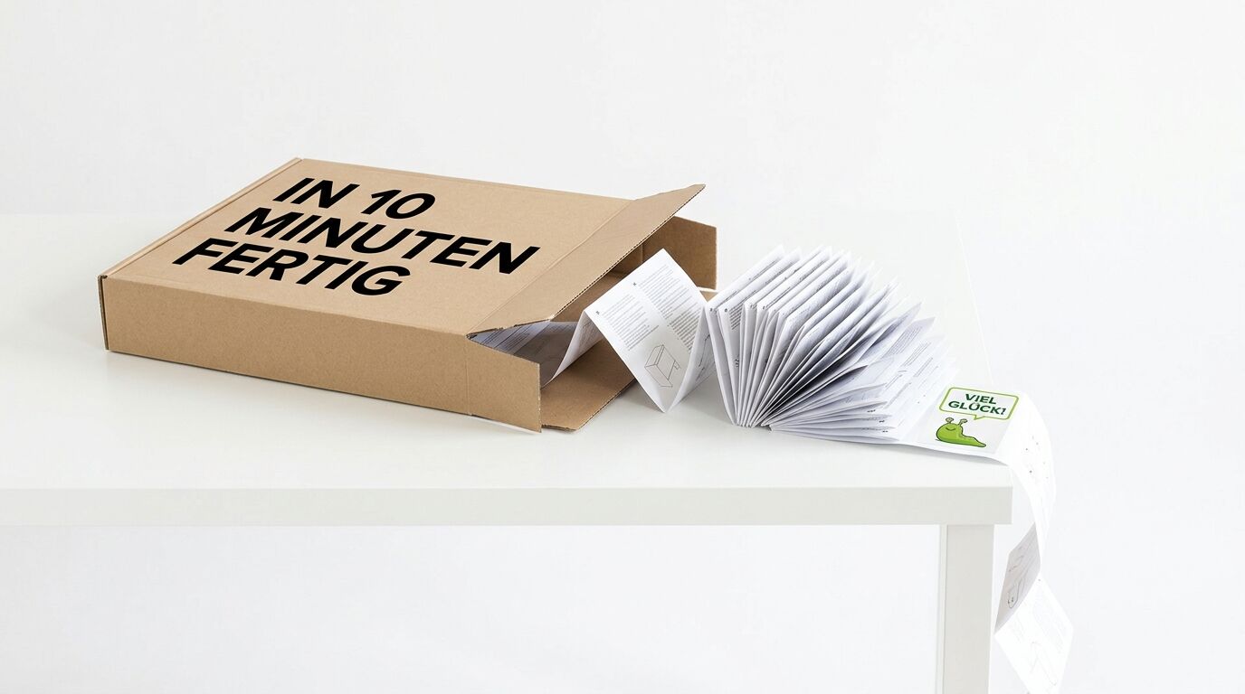 Offene Schachtel mit Aufschrift "IN 10 MINUTEN FERTIG" auf weißem Tisch mit ausgebreiteten Papieren und grünem "Viel Glück"-Aufkleber