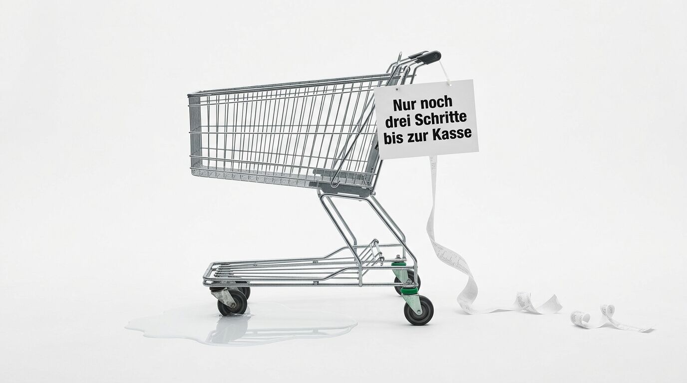 Ein Einkaufswagen mit einem Schild "Nur noch drei Schritte bis zur Kasse" und aufgerolltem Kassenbon auf dem Boden