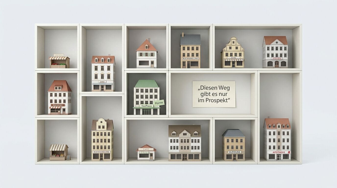 Weiße Wandregale mit miniaturisierten europäischen Fassadenmodellen verschiedener Geschäftshäuser, Cafés und Apotheken in traditioneller Architektur