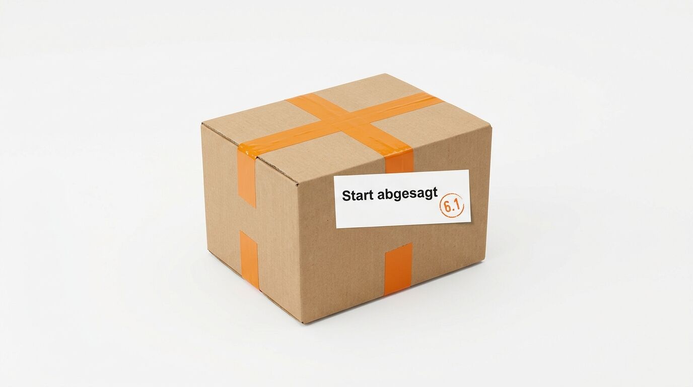 Ein Karton mit orangem Klebeband und dem Sticker „Start abgesagt (6.1)“ auf weißem Grund