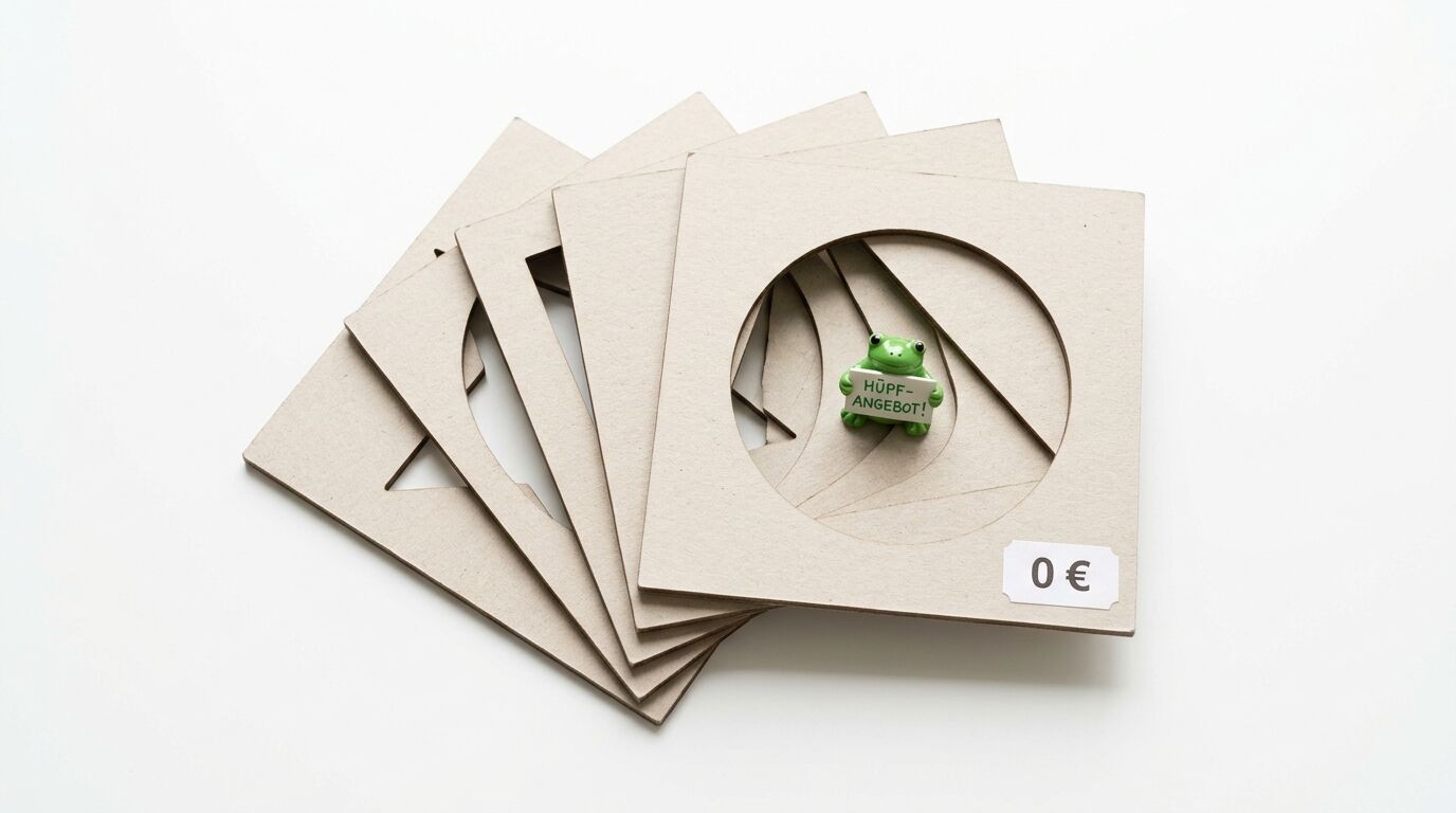 Karton-Bierdeckel, runder Ausschnitt, grüne Froschfigur, Schild „HÜPF-ANGEBOT!“, Preisschild „0 €“