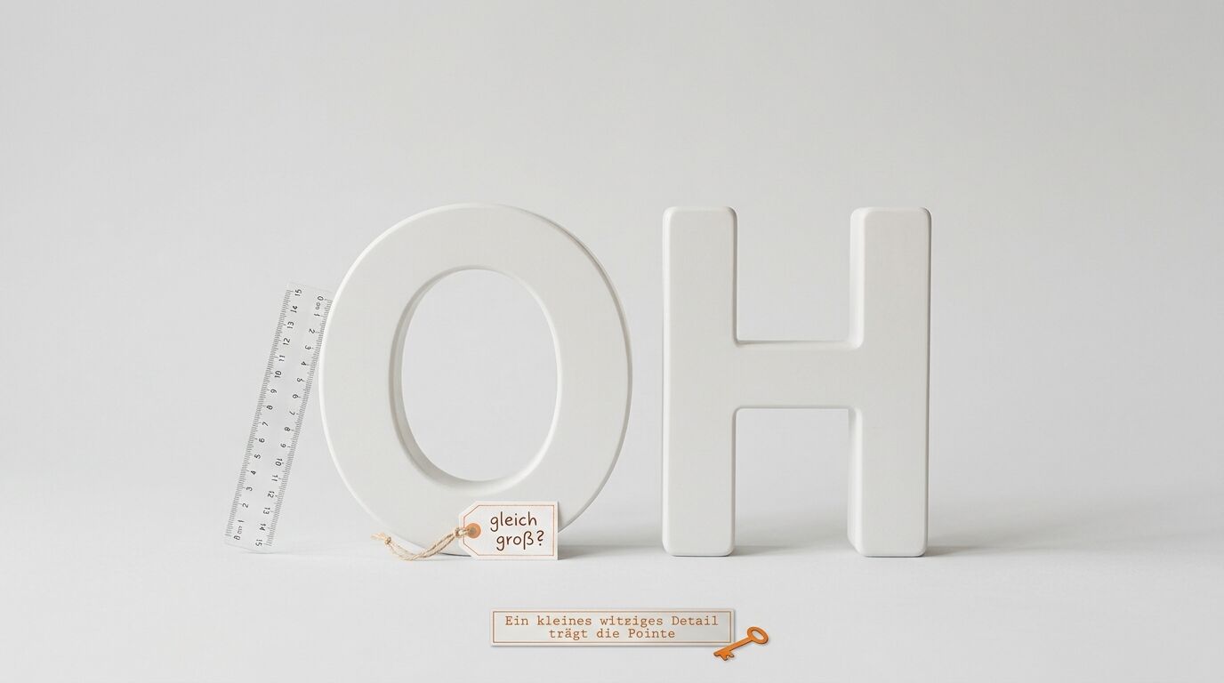 Große weiße Buchstaben „OH“, ein Lineal und Etiketten auf hellgrauem Grund