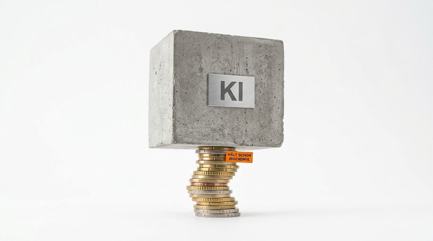 Ein Betonwürfel mit der Aufschrift „KI“ balanciert auf einem Stapel von Euromünzen