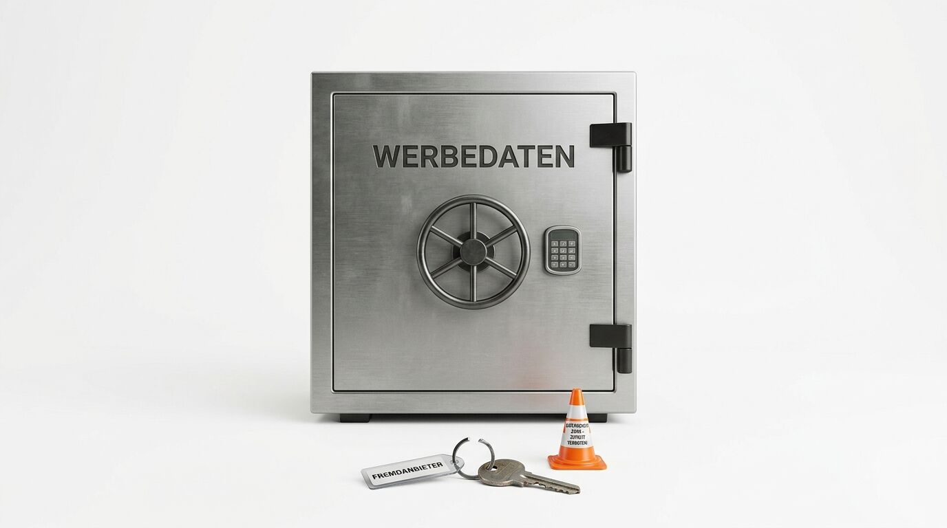 Tresor mit der Aufschrift „WERBEDATEN“, Schlossrad, Tastenfeld, Schlüssel und Warnkegel davor