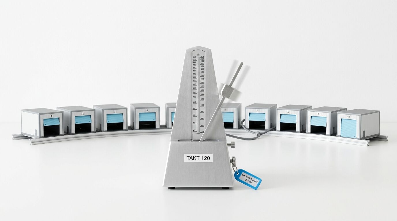 Modell eines Metronoms in einem Kreis aus Miniatur-Lagerhallen auf Schienen
