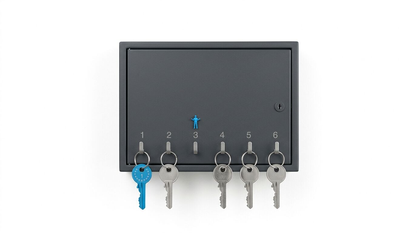Schlüsselkasten mit 6 Haken. Haken 3 leer mit blauer Figur. 1, 2, 4, 5, 6 mit Schlüsseln