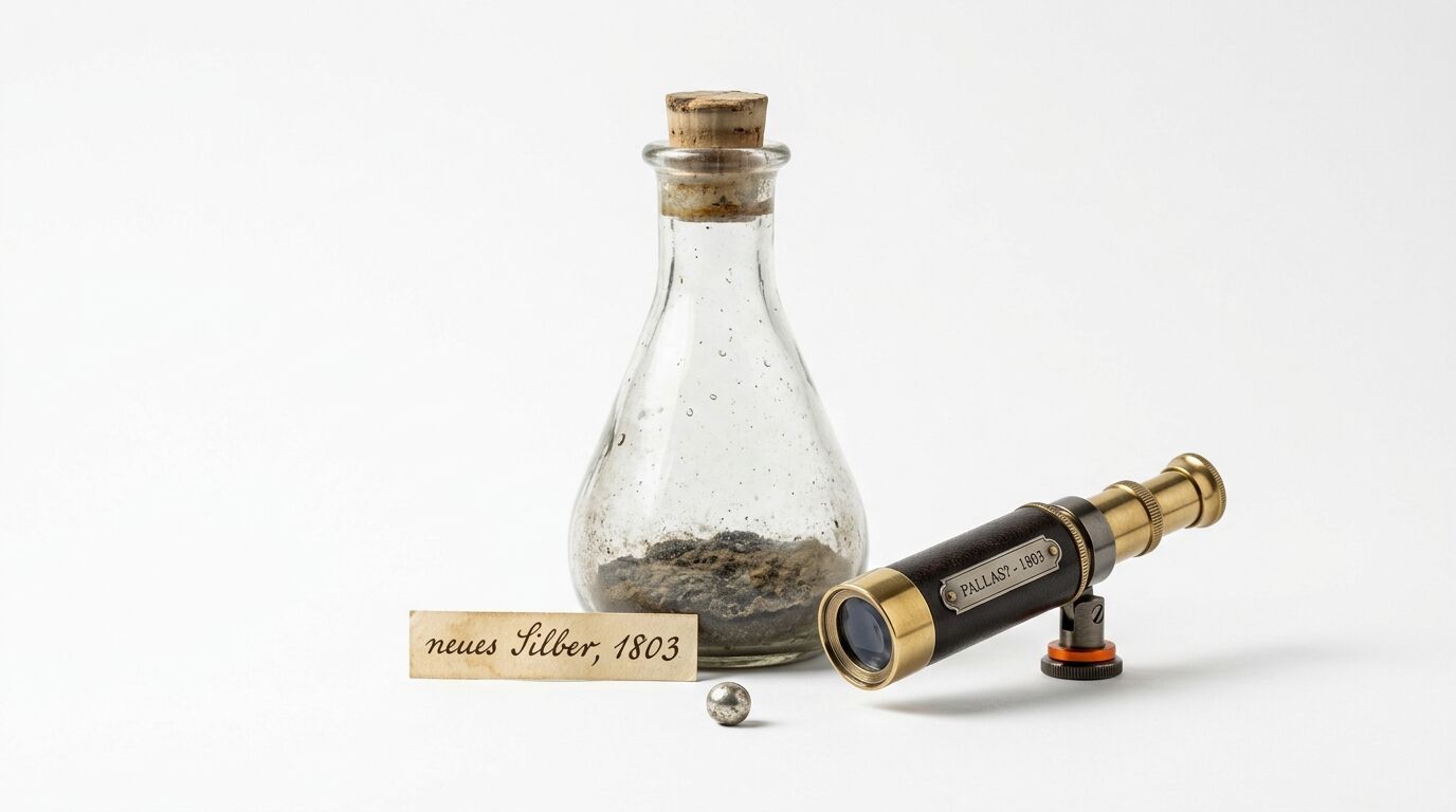 Glasflasche mit Korken, Pulver und Kugel, Fernrohr, beschriftete Etiketten