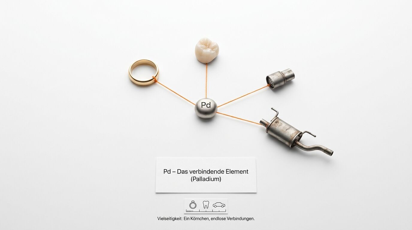 Grafik: Kugel (Pd) verbindet Ring, Zahn, Stecker und Auspuff; darunter Text zu Palladium