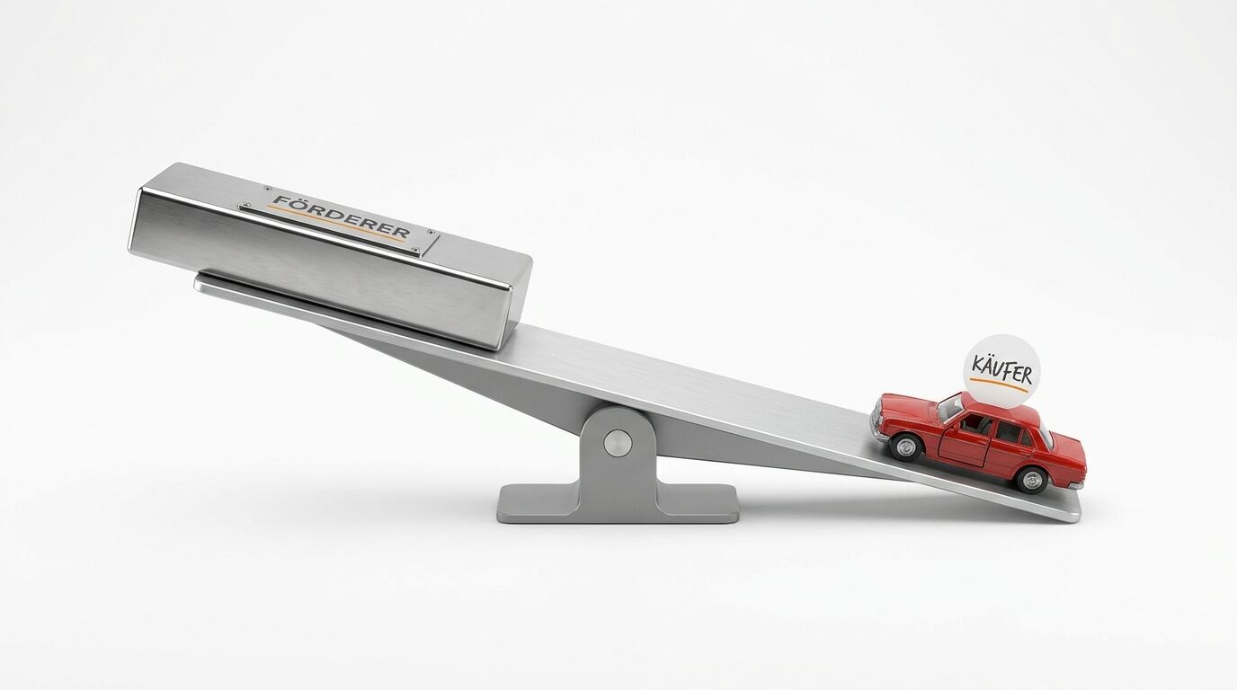 Eine Wippe mit Metallblock (FÖRDERER) und rotem Auto (KÄUFER) auf weißem Grund