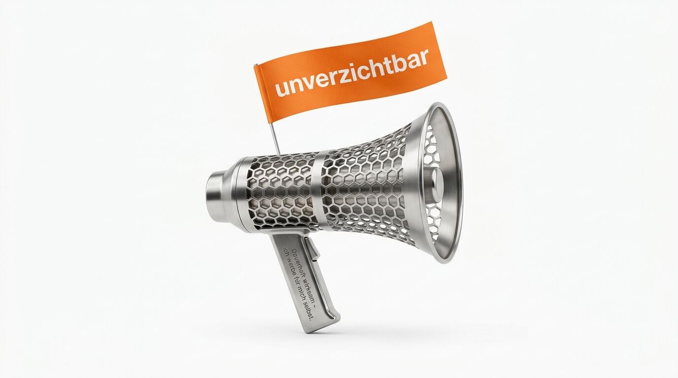 Metall-Sprachrohr mit Wabenmuster und oranger Fahne mit der Aufschrift „unverzichtbar“