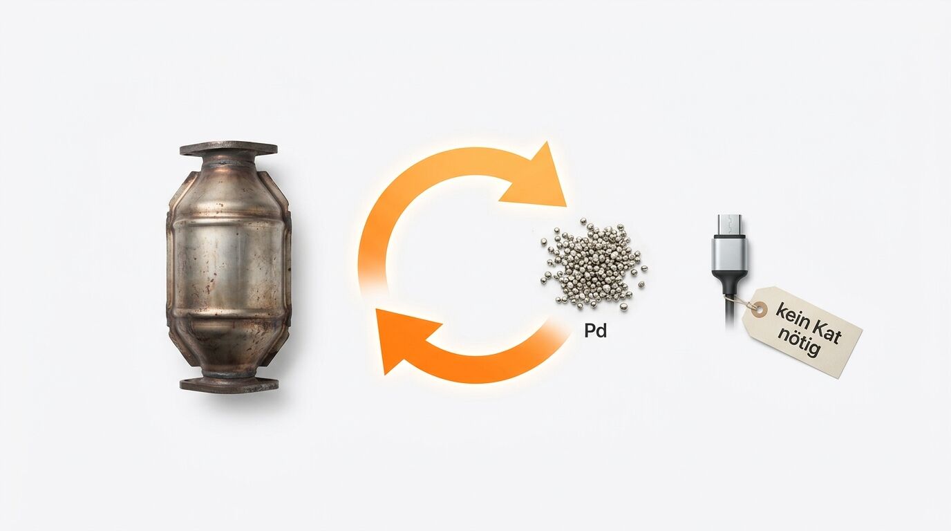 Ein Katalysator, Recycling-Symbol mit Palladium-Kügelchen und ein E-Auto-Ladekabel