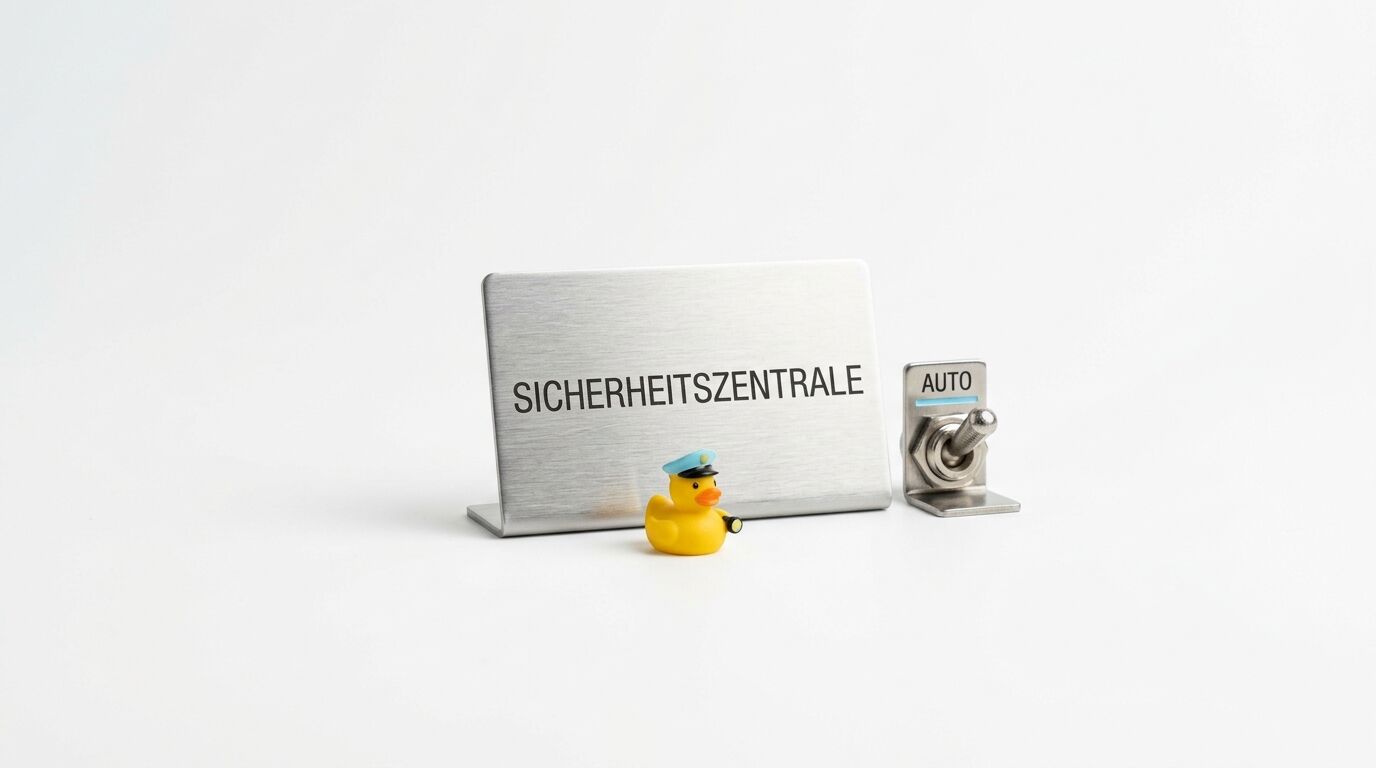 Edelstahlschild mit Gravur „SICHERHEITSZENTRALE“, Miniente und Schalter „AUTO“ auf Weiß