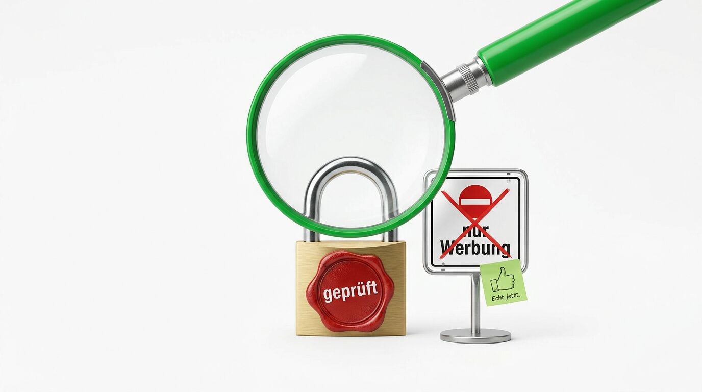 Lupe, Vorhängeschloss mit "geprüft"-Siegel und Schild "Nicht Werbung" mit grünem Daumen-Symbol