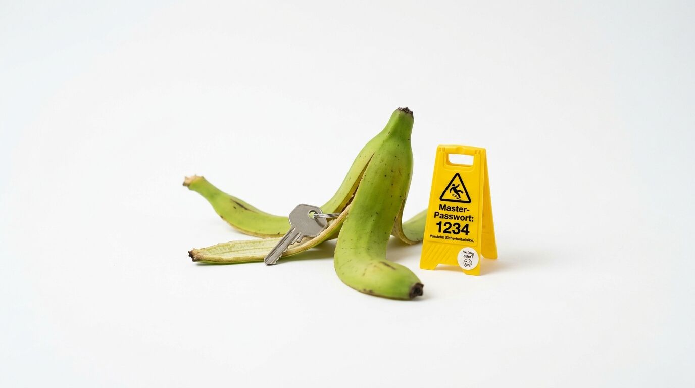 Grüne Bananen mit einem Schlüssel und einem gelben Warnschild mit "Master-Passwort: 1234"
