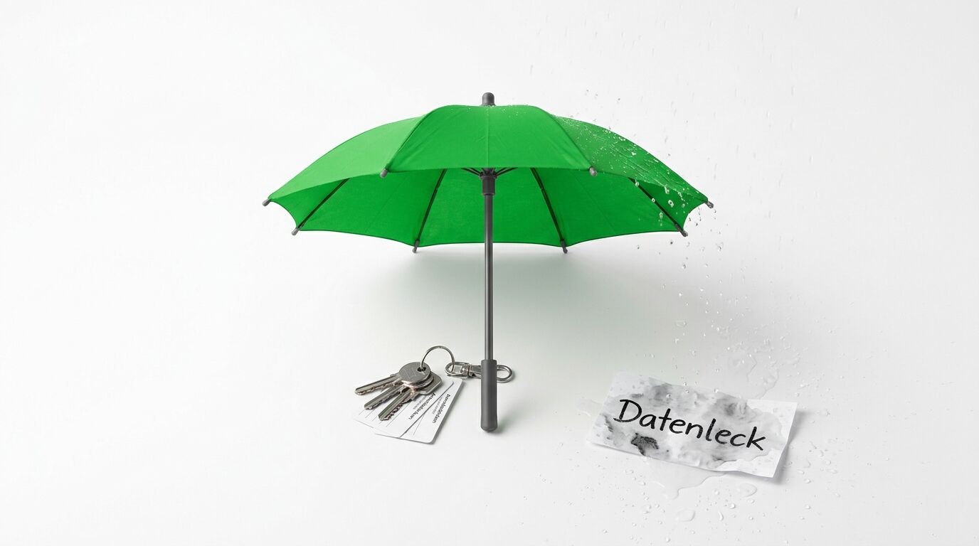 Grüner Regenschirm schützt Schlüsselbund und Dokument mit Aufschrift "Datenleck" vor Wasser